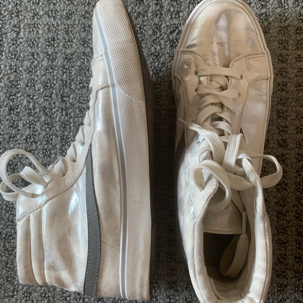 White metallic high top sneakers